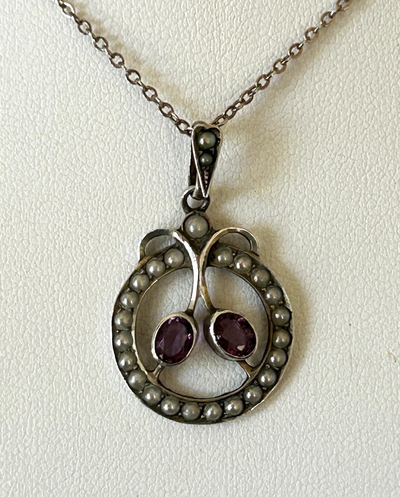 Art Nouveau Edwardian Silver & Amethyst Pendant Necklace (1 of 8)