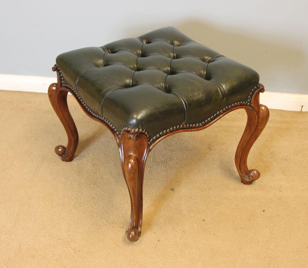 Antique Victorian Walnut Cabriole Leg Buttoned Leather Stool (1 of 6)