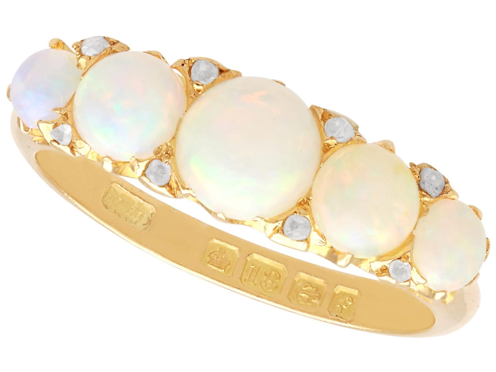 Antique Edwardian 2.00ct White Opal & 0.16ct Diamond, 18k Yellow Gold Five Stone Ring 1905 (1 of 13)