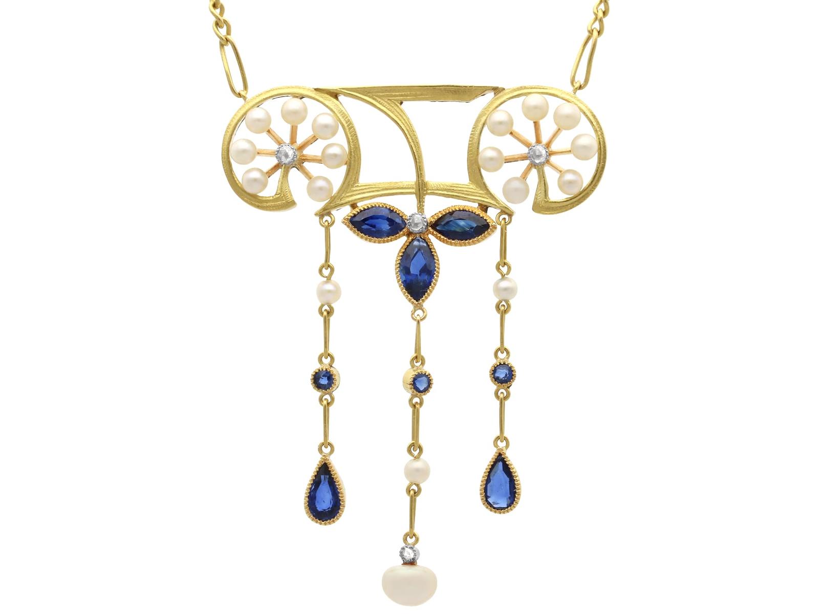 Antique Art Nouveau 1.30ct Sapphire, Seed Pearl & Diamond, 18ct Yellow Gold Pendant c.1900 (1 of 14)