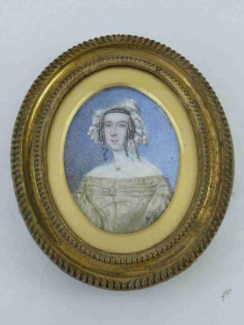 Naive Portrait Miniature Lady Ringlets Cap Gilt Brass Frame Georgian c.1830 (1 of 5)