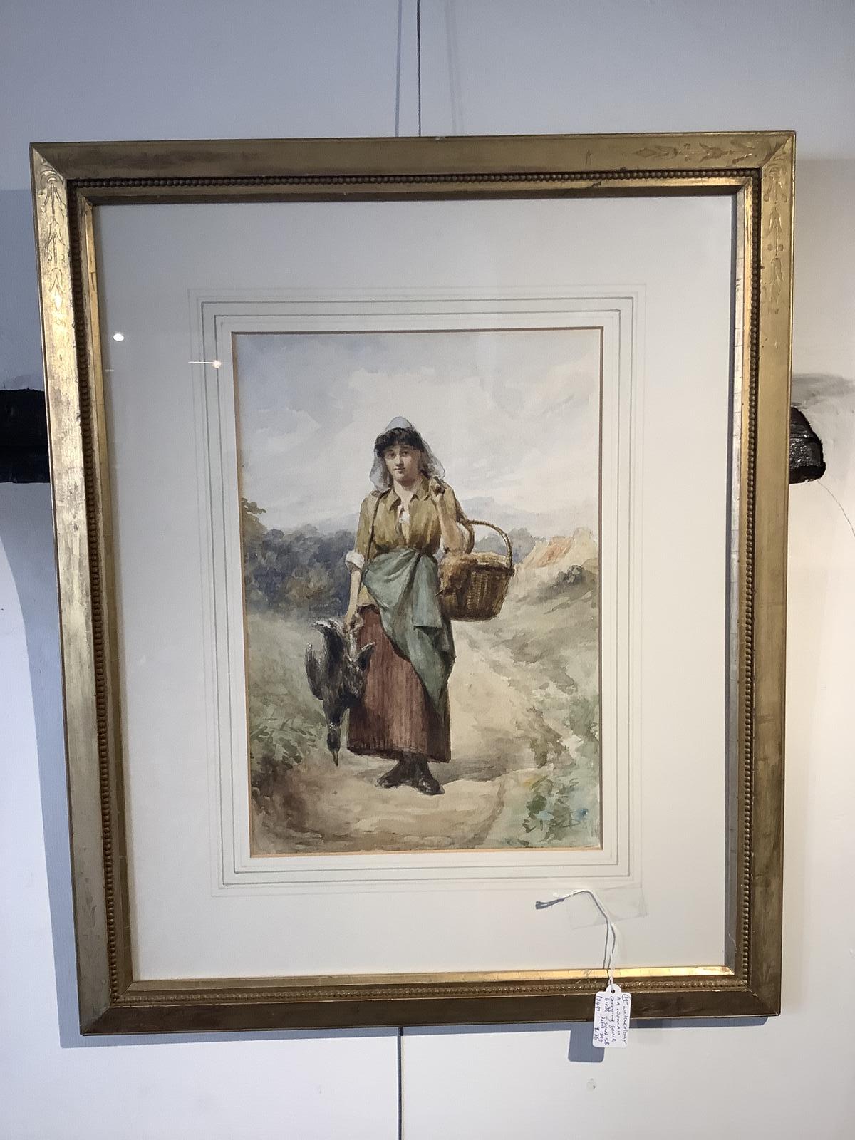 19th Century Watercolour of Young Woman with Game (1 of 3)