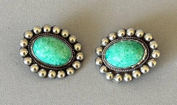Pair of Art Deco Silver and Turquoise Clip-On Earrings (1 of 3)