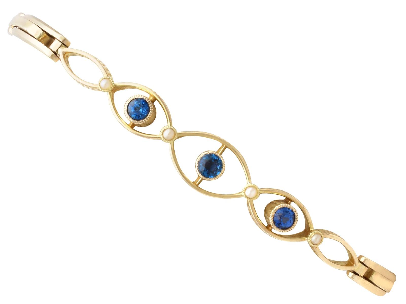 0.36ct Sapphire & Pearl, 9ct Yellow Gold Bracelet c.1930 (1 of 13)