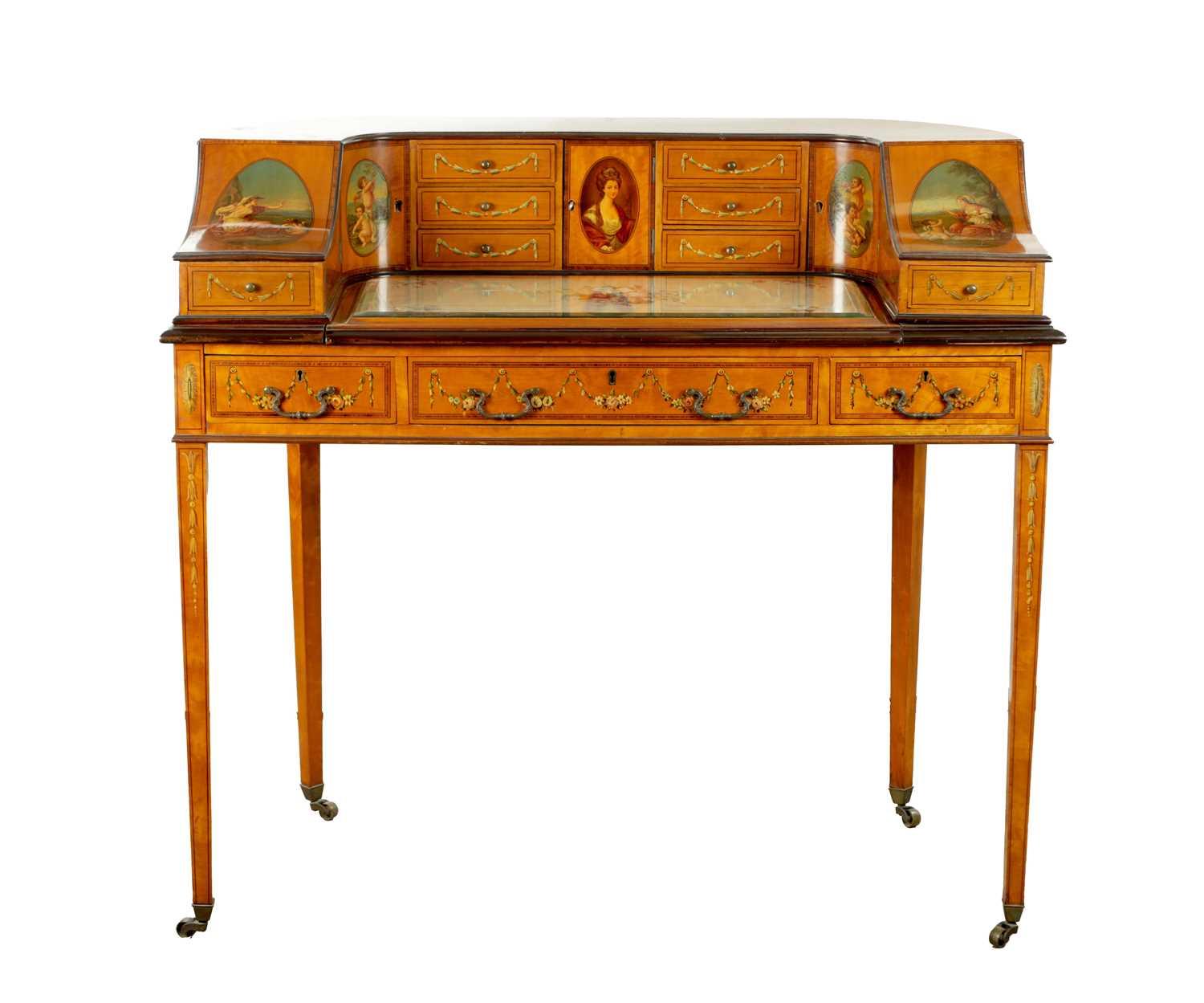 Carlton House Desk - Late 19th Century Sheraton Revival - Satinwood & Floral Painted (1 of 5)
