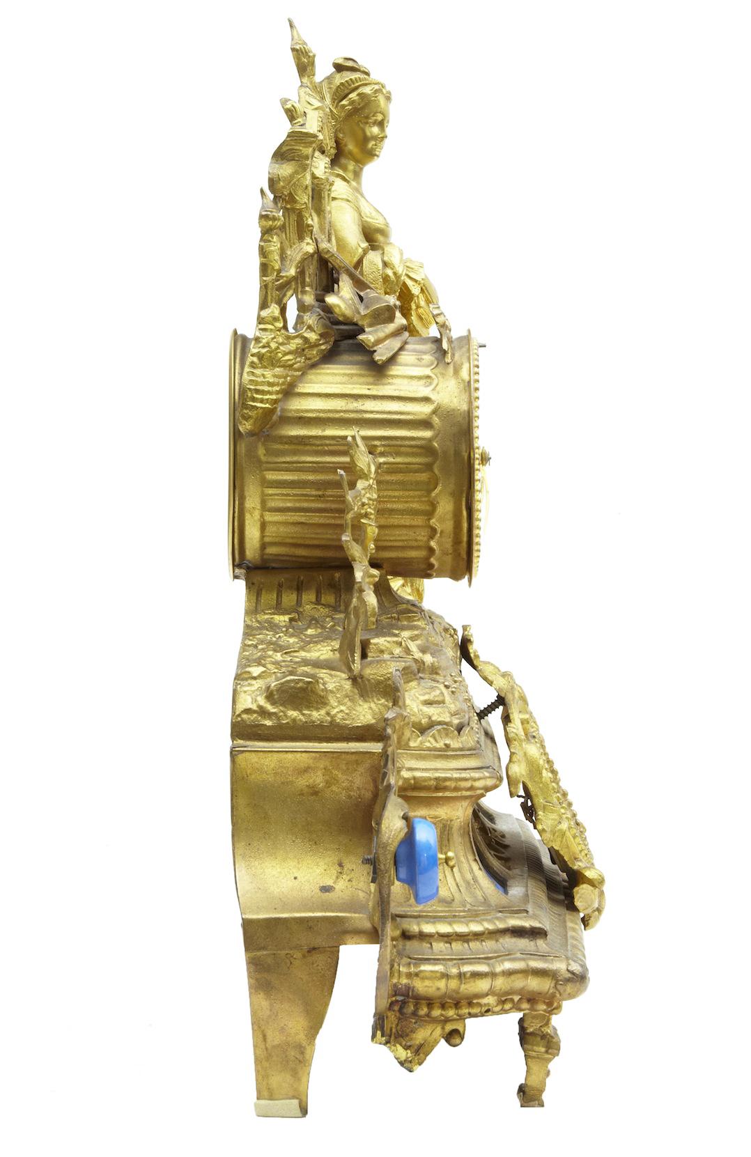 19th Century French Gilt Mantle Clock With Sevres Plaques