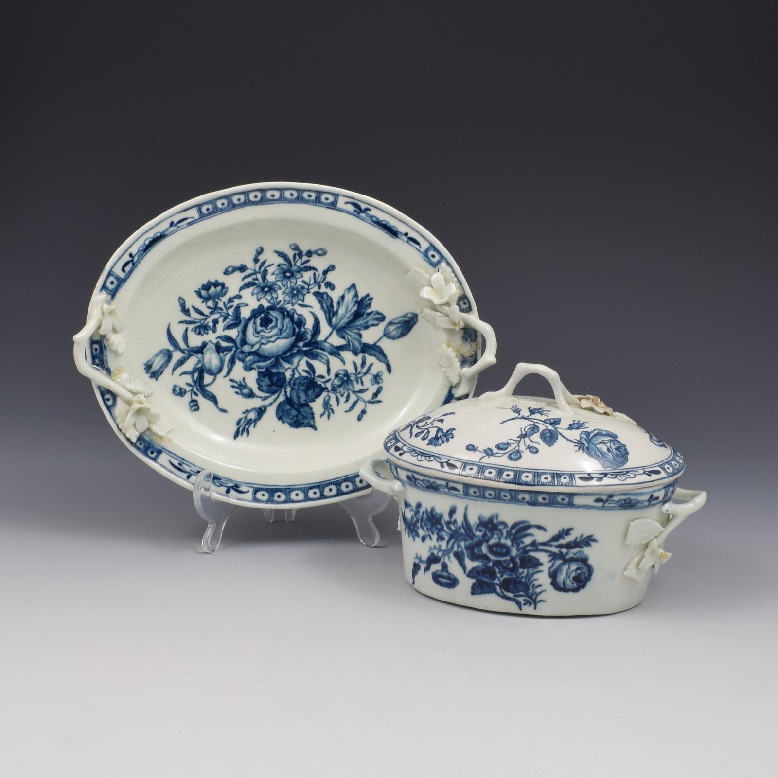 First Period Worcester Porcelain Rose Centred Spray Butter Tub, Cover & Stand c.1770 (1 of 24)