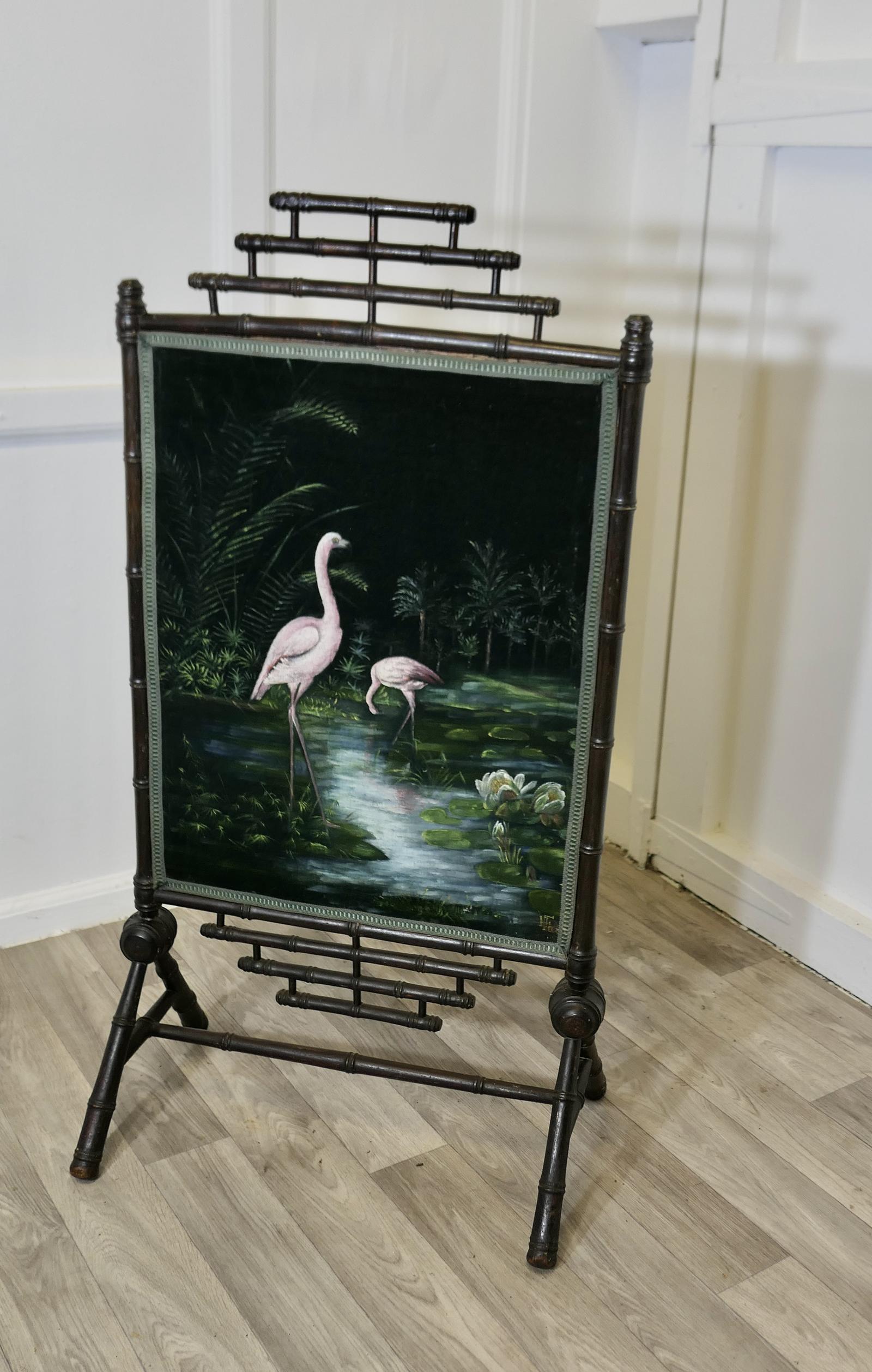 Black Lacquer Oriental Fire Screen, Painted with Flamingos (1 of 8)