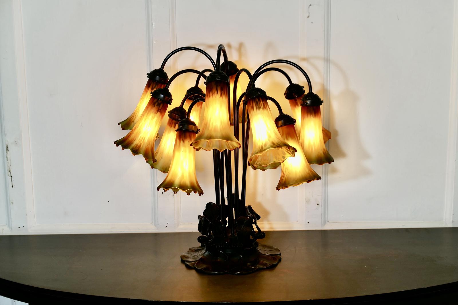 1980s Bronze and Art Glass Table Lamp, Lilly (1 of 7)
