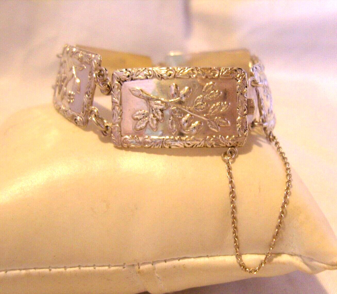 Bracelet Sterling Silver 1945 Flowers Butterflies & Acorns Wide Panel Bracelet 7" L (1 of 21)