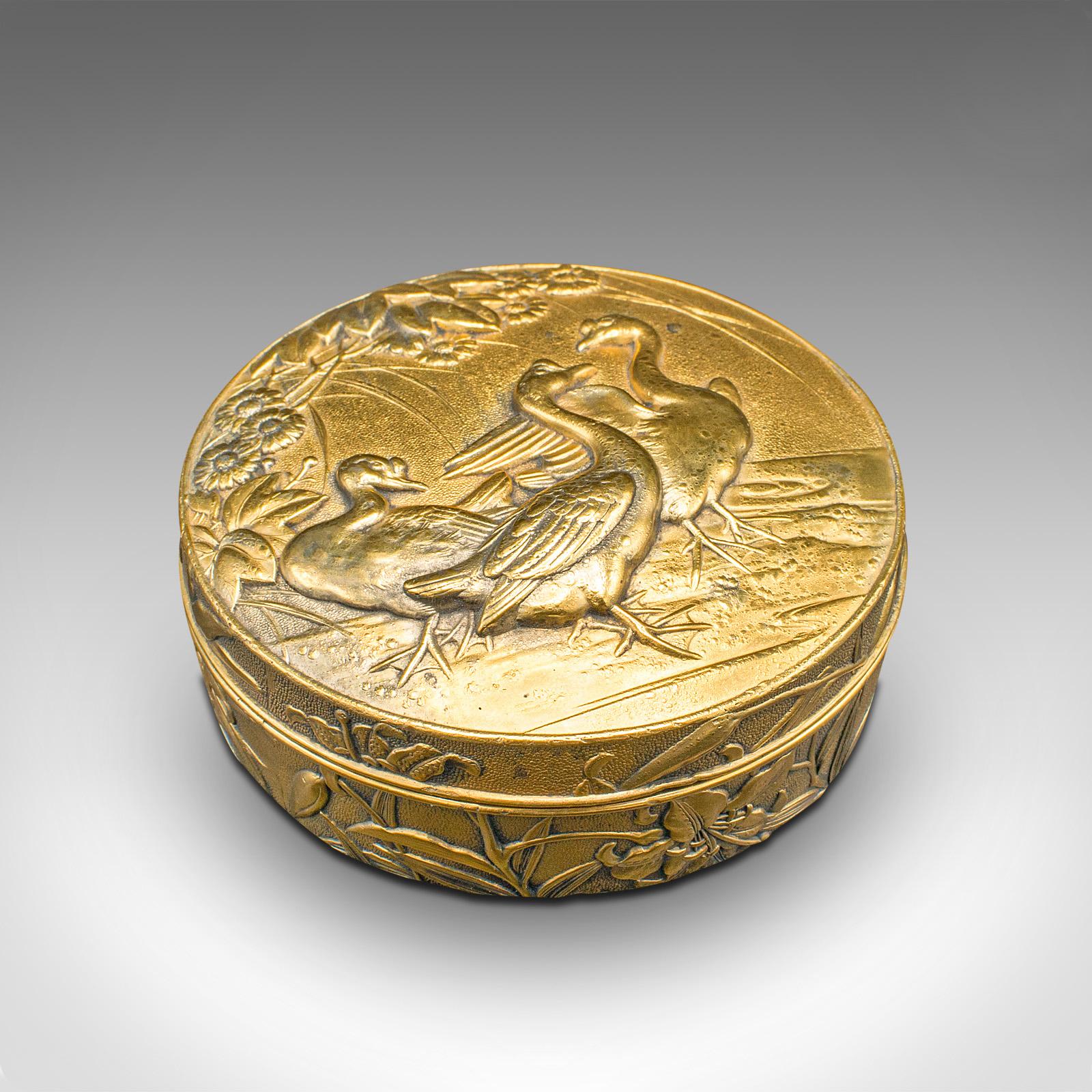 Antique Snuff Tin, English Gilt Metal, Lidded Box, Relief Decor, Victorian c.1880 (1 of 7)