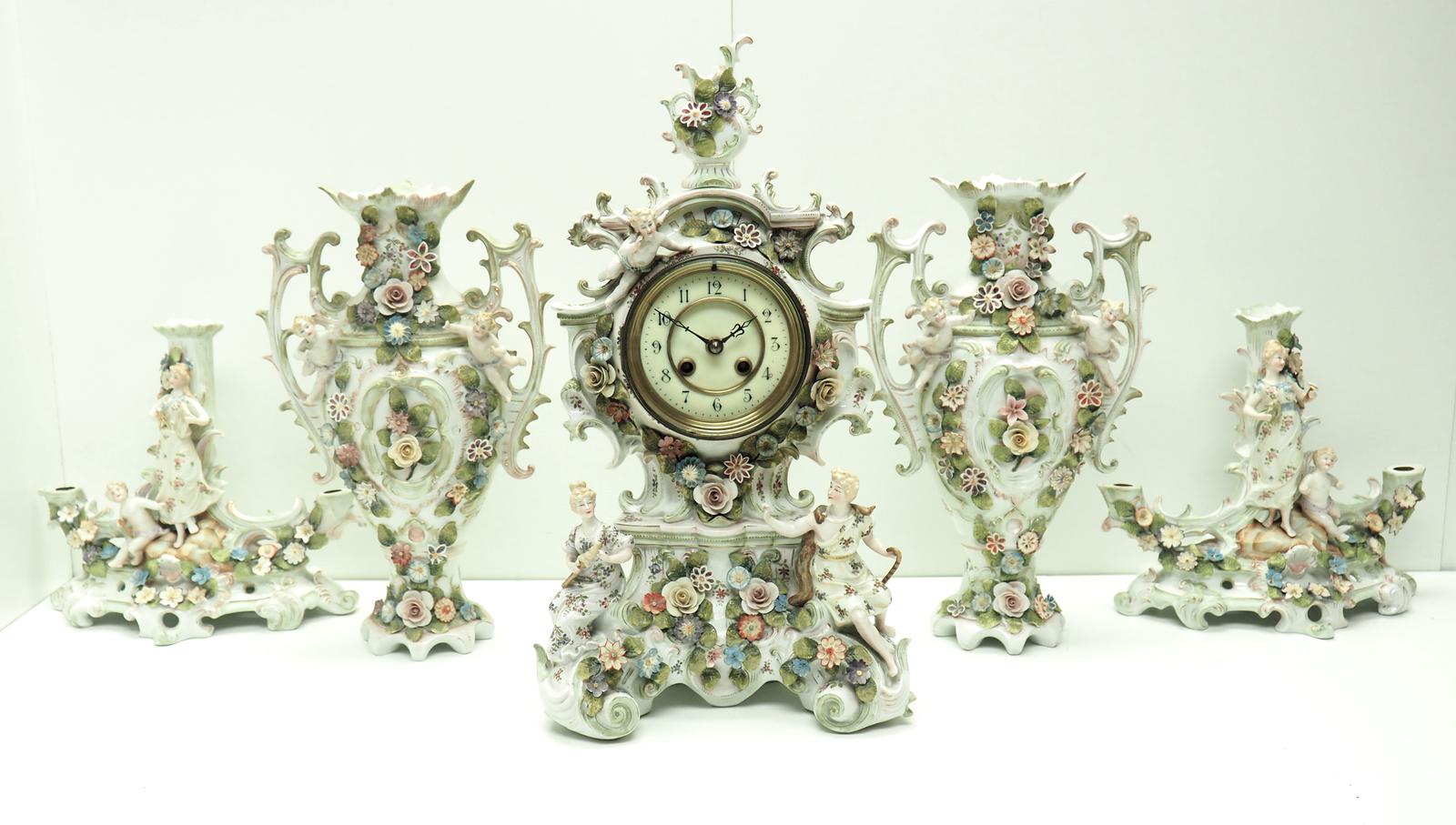 Original Stiffondou Porcelain Mantel Clock Figural Striking 8-Day Mantle Clock rare 5 Piece Set c.1880 (1 of 17)
