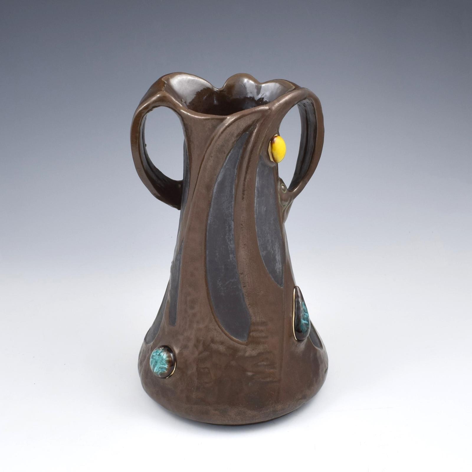 Large Bretby Pottery Art Nouveau Clanta Copper Effect Vase Jewelled Cabochons c.1900 (1 of 16) Large Bretby Pottery Art Nouveau Clanta Copper Effect Vase Jewelled Cabochons c.1900 (1 of 16)