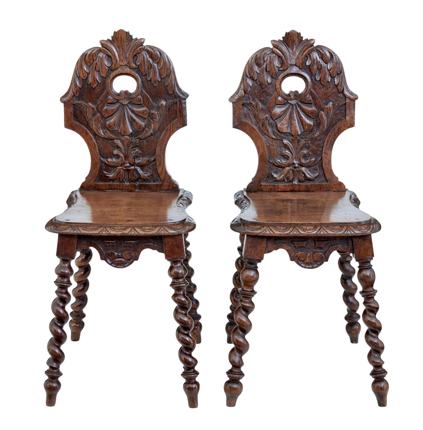 Pair of 19th Century Carved Oak Hall Chairs (1 of 6)