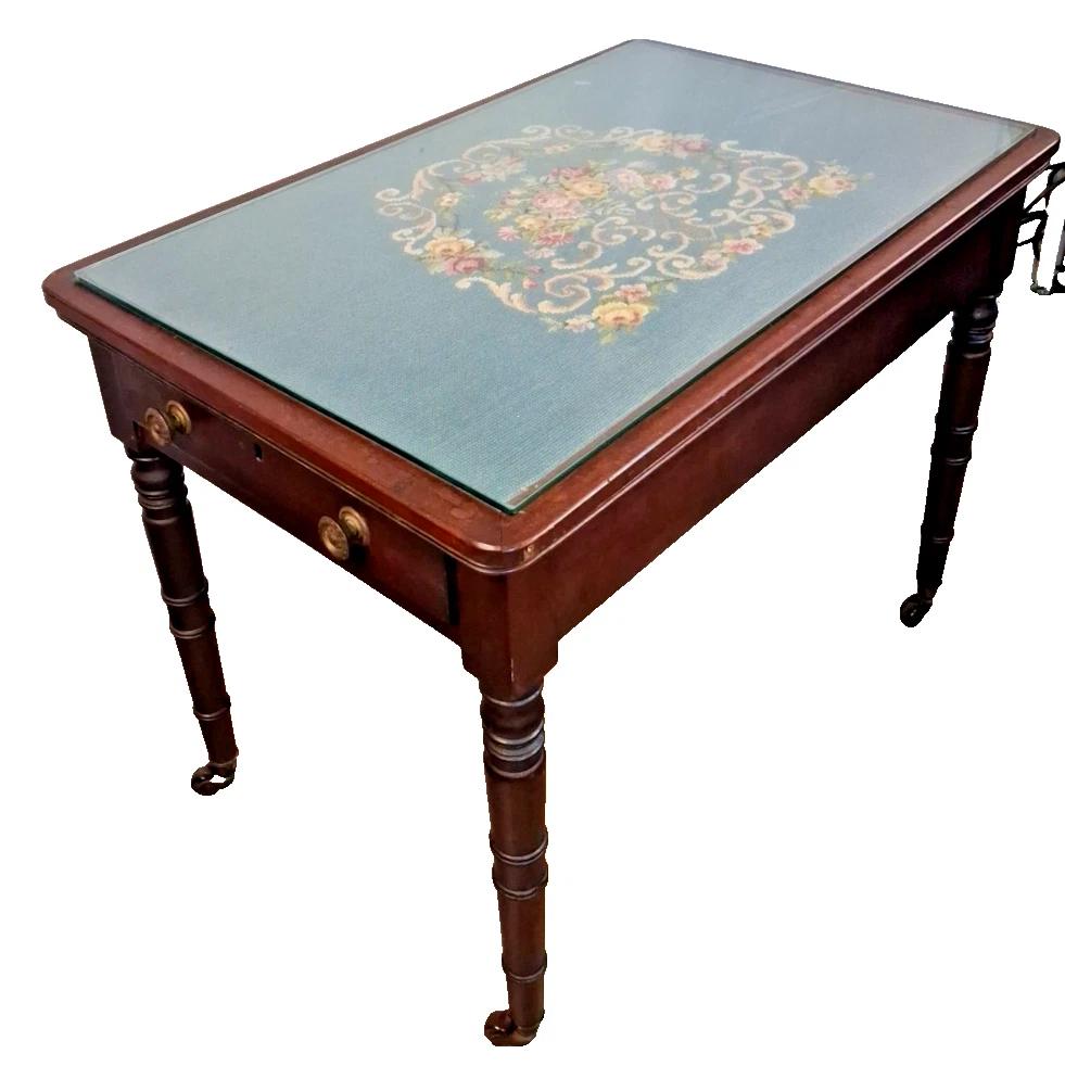Antique Tapestry Topped Occasional Table with Single End Draw Glass Top (1 of 10) Antique Tapestry Topped Occasional Table with Single End Draw Glass Top (1 of 10)