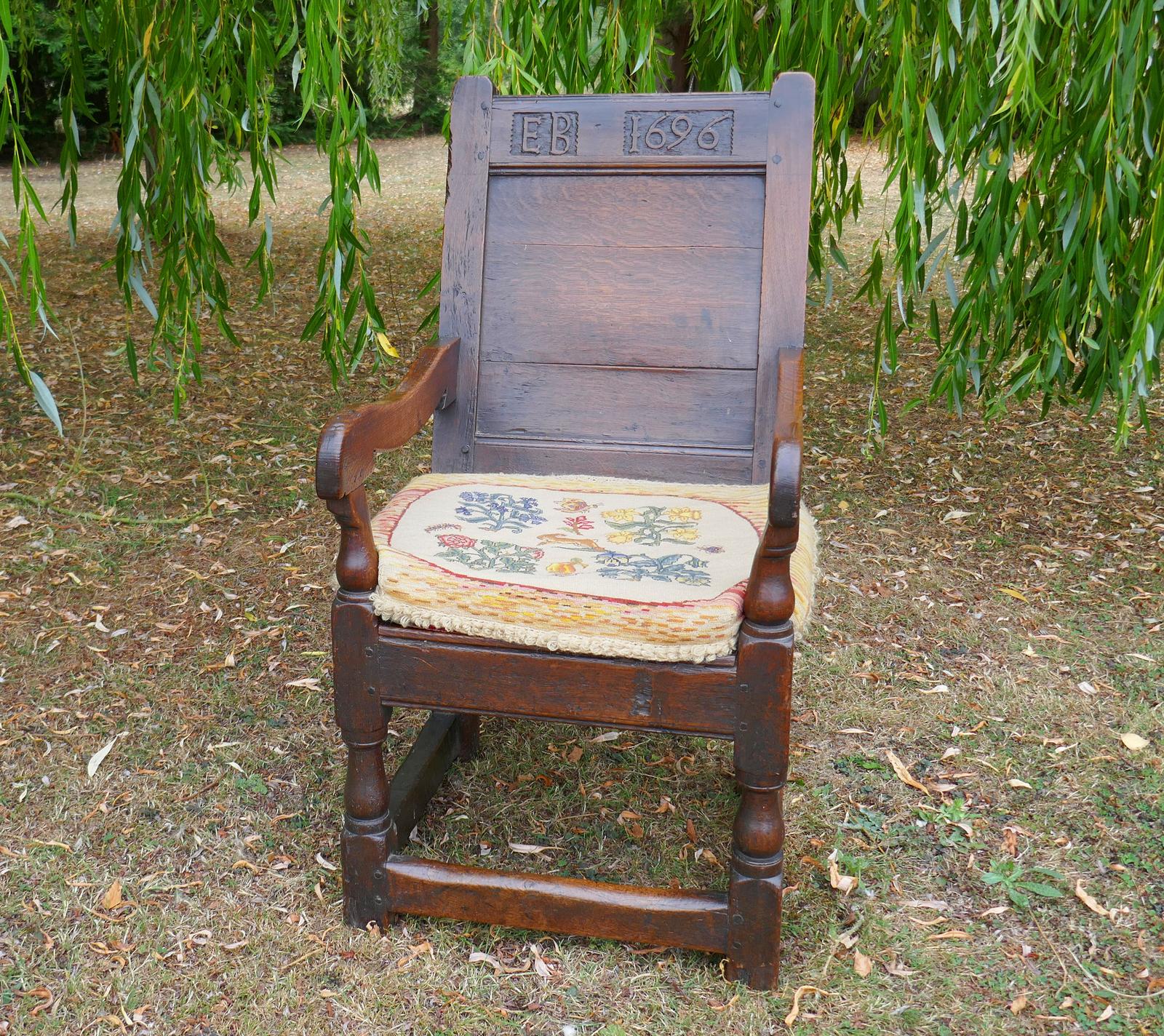 Antique Early English Furniture 17thc Wainscot Armchair Dated 1696 & Owners Initials E.B. (1 of 6)