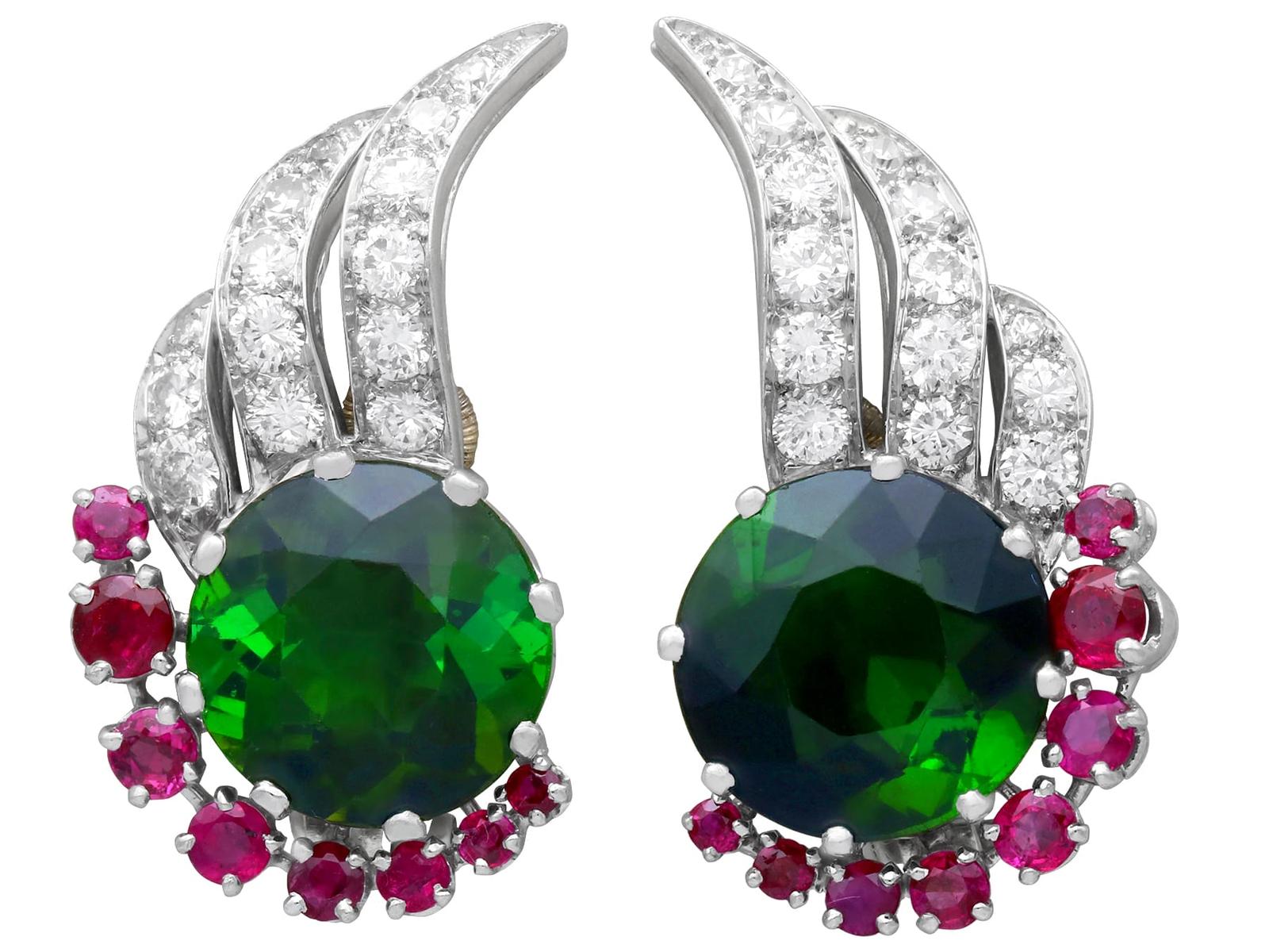 Vintage 10.20ct Green Tourmaline 0.75ct Ruby and 1.84ct Diamond 18ct White Gold Earrings Circa 1950 (1 of 10)