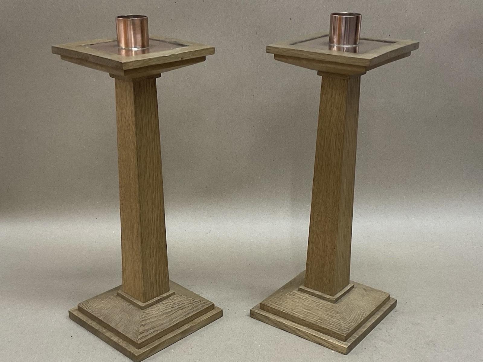 Pair of Oak + Copper Arts & Crafts Candlesticks (39cm) Antique c.1910 (1 of 4) Pair of Oak + Copper Arts & Crafts Candlesticks (39cm) Antique c.1910 (1 of 4)