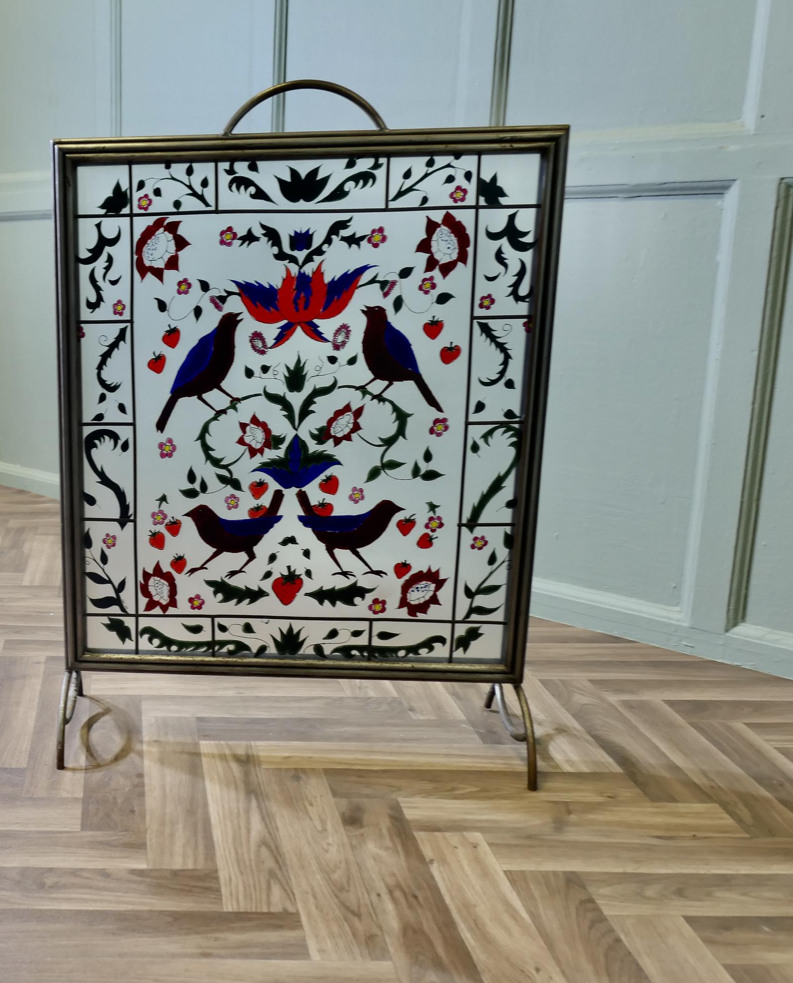 Victorian Art Nouveau Painted Glass Fire Screen (1 of 6)