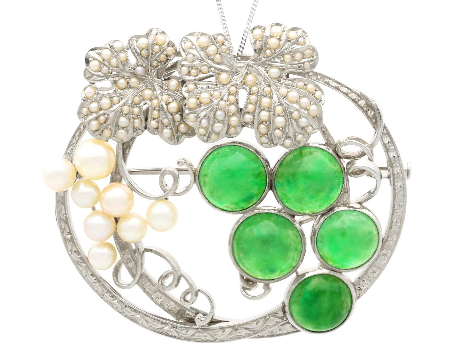Vintage 8.85ct Chrysoprase & Seed Pearl, 18ct White Gold Brooch / Pendant c.1940 (1 of 13)