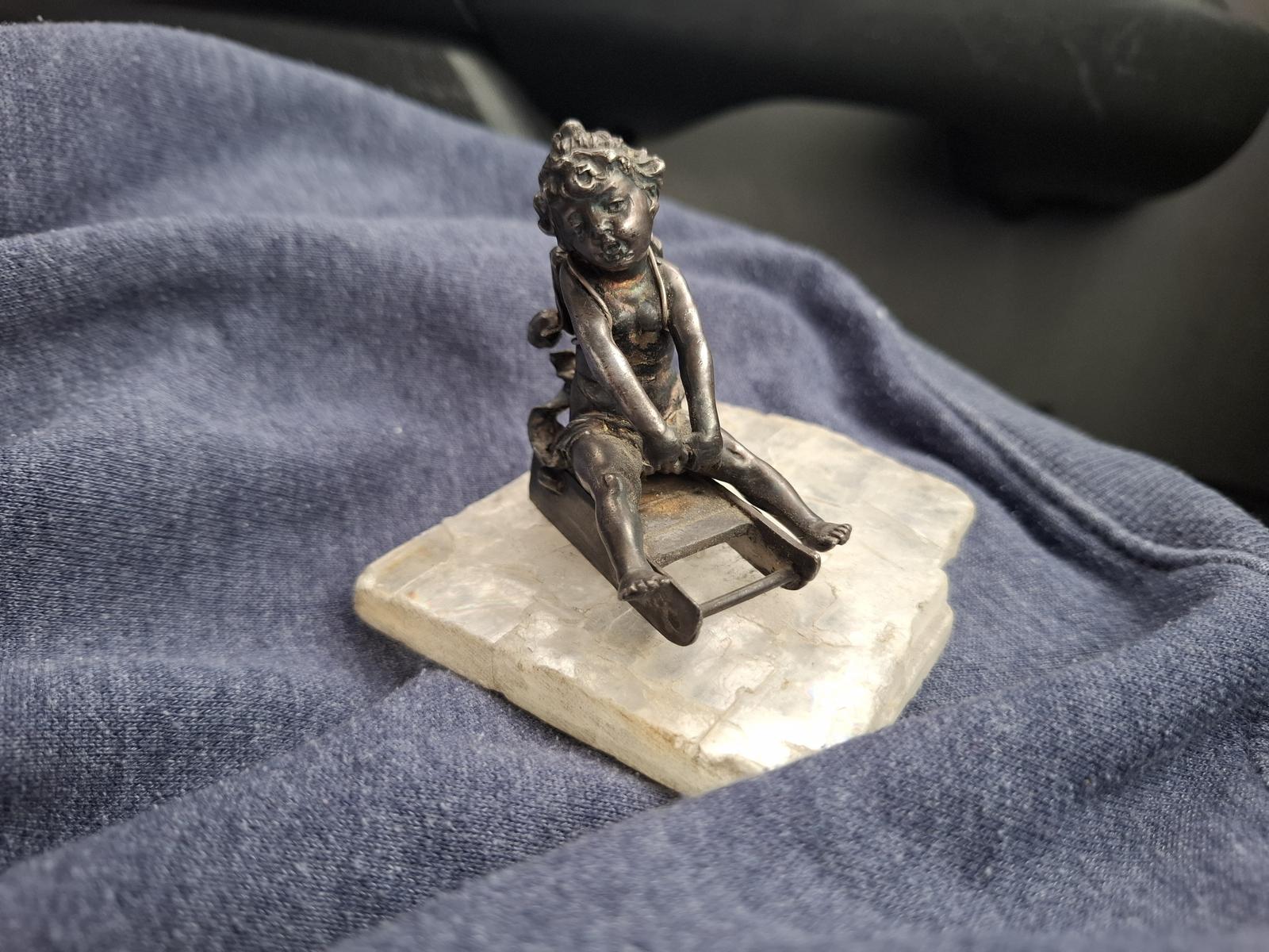 19th Century Silver Plated White Metal Sculpture - Young Girl on Sledge c.1890 (1 of 6)