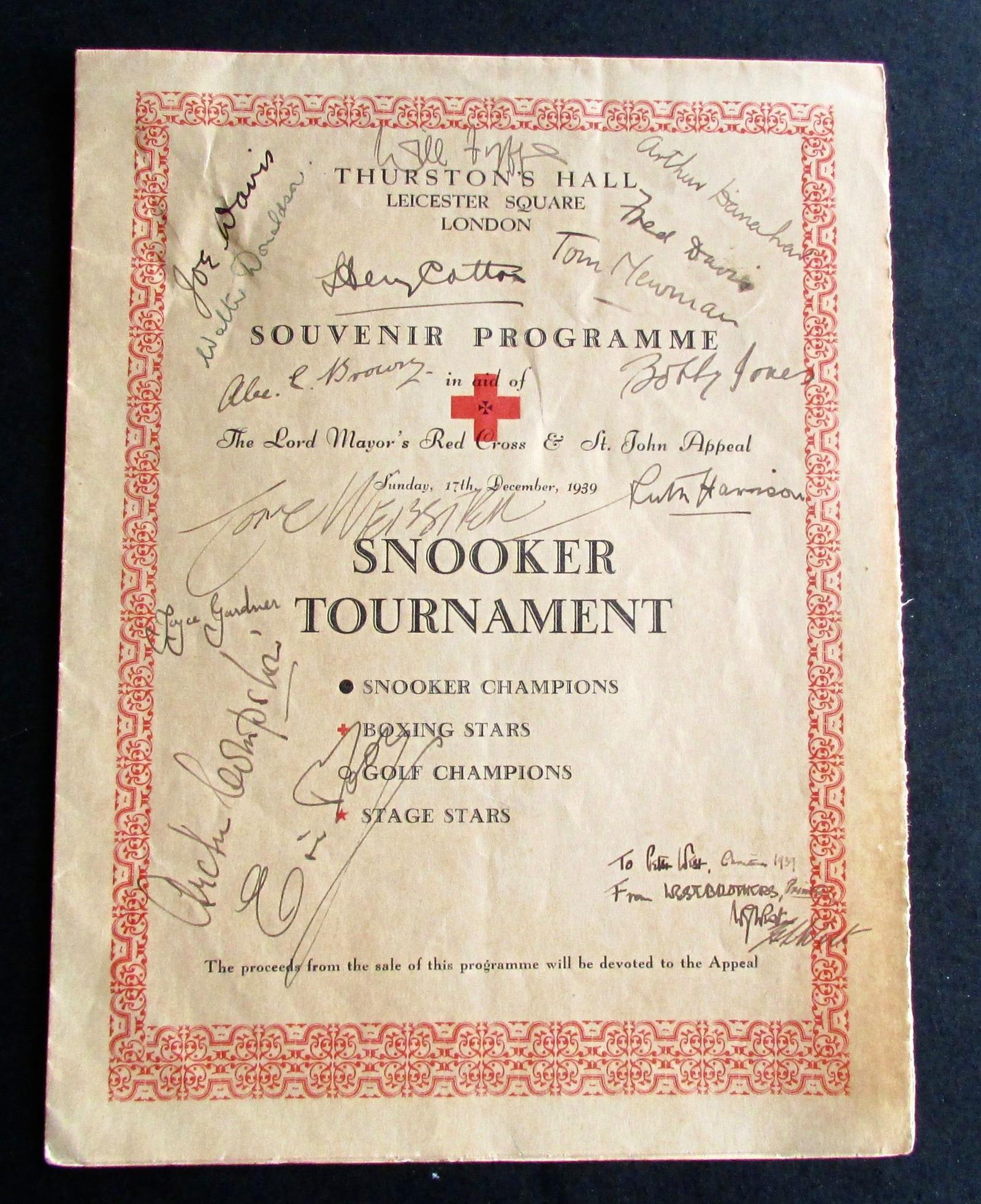 1939 Signed Snooker Tournament Souvenir Programme from Sunday 17th December 1939 & Signed by Numerous Sport Stars & Celebrities (1 of 4) 1939 Signed Snooker Tournament Souvenir Programme from Sunday 17th December 1939 & Signed by Numerous Sport Stars & Celebrities (1 of 4)