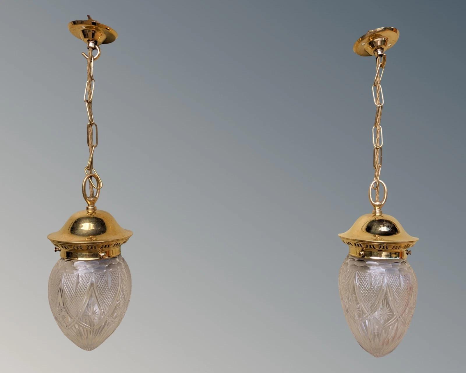 Beautiful Near Pair 19th Century Brass & Cut Glass Pendant Lights (1 of 5)