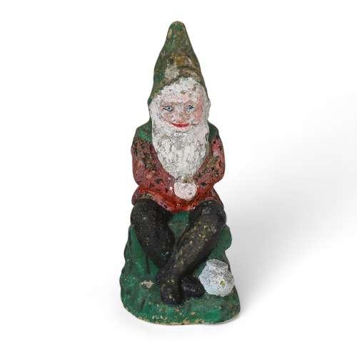 English Garden Gnome Cast Stone Original Flaky Paint c.1930 (1 of 7)