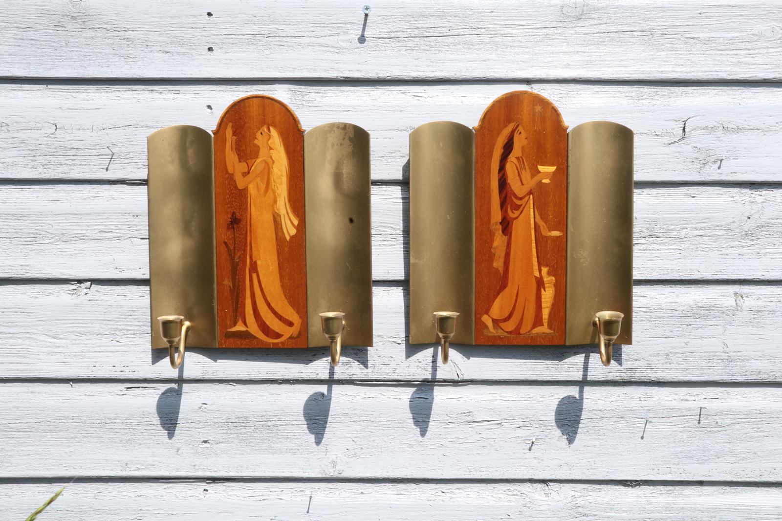 Pair of Swedish Art Deco Double Candle Sconces by Mjolby Intarsia c.1930 (1 of 21)
