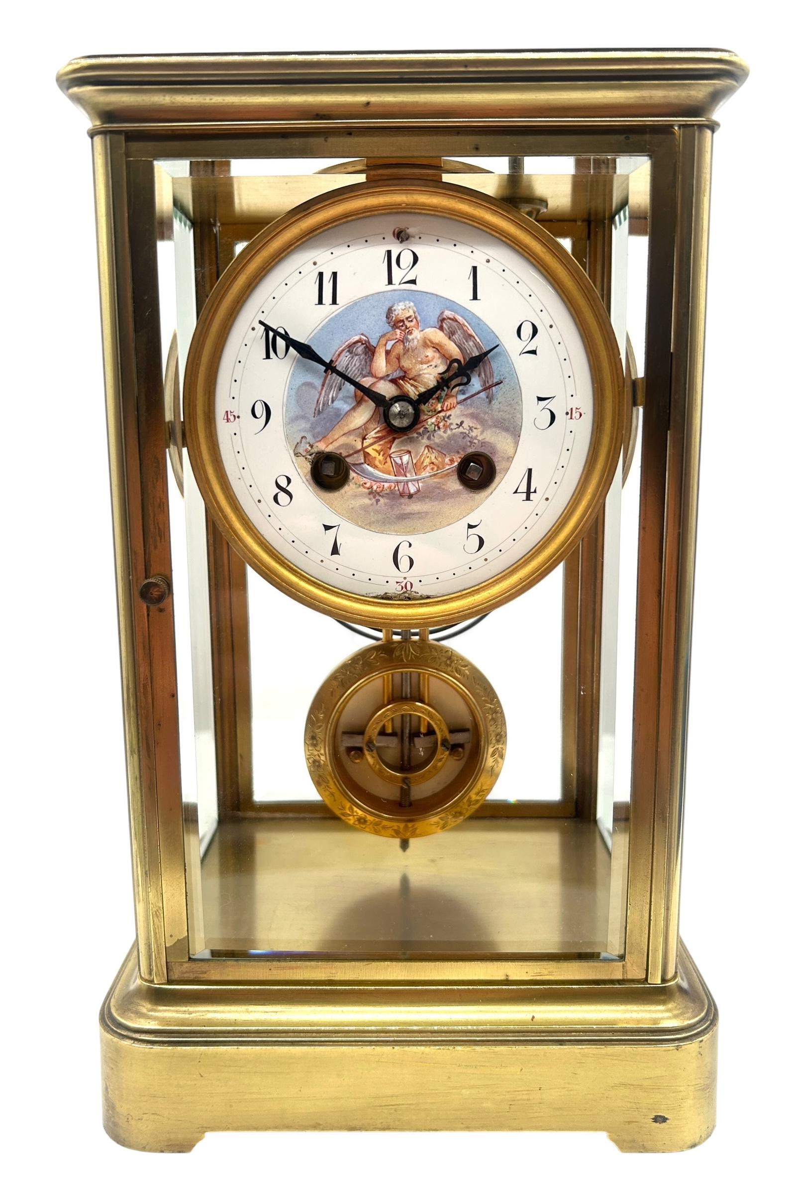 Interesting Rare French Mantel Clock – 4 Glass Table Clock with Elliott Pendulum & Painted Father of Time Dial (1 of 12) Interesting Rare French Mantel Clock – 4 Glass Table Clock with Elliott Pendulum & Painted Father of Time Dial (1 of 12)