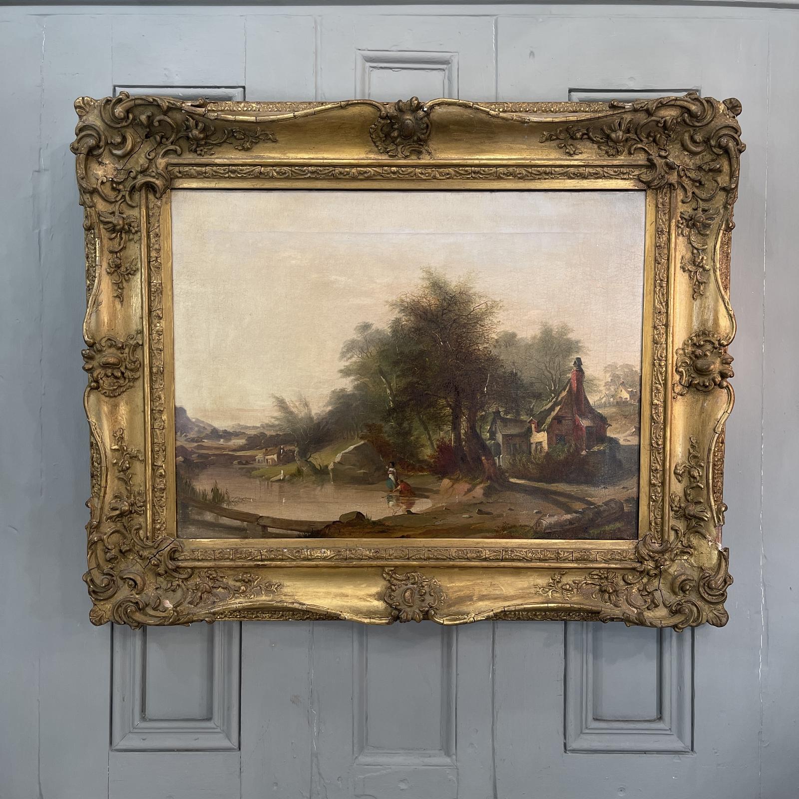 Large Antique Victorian River Landscape Oil Painting (1 of 9)
