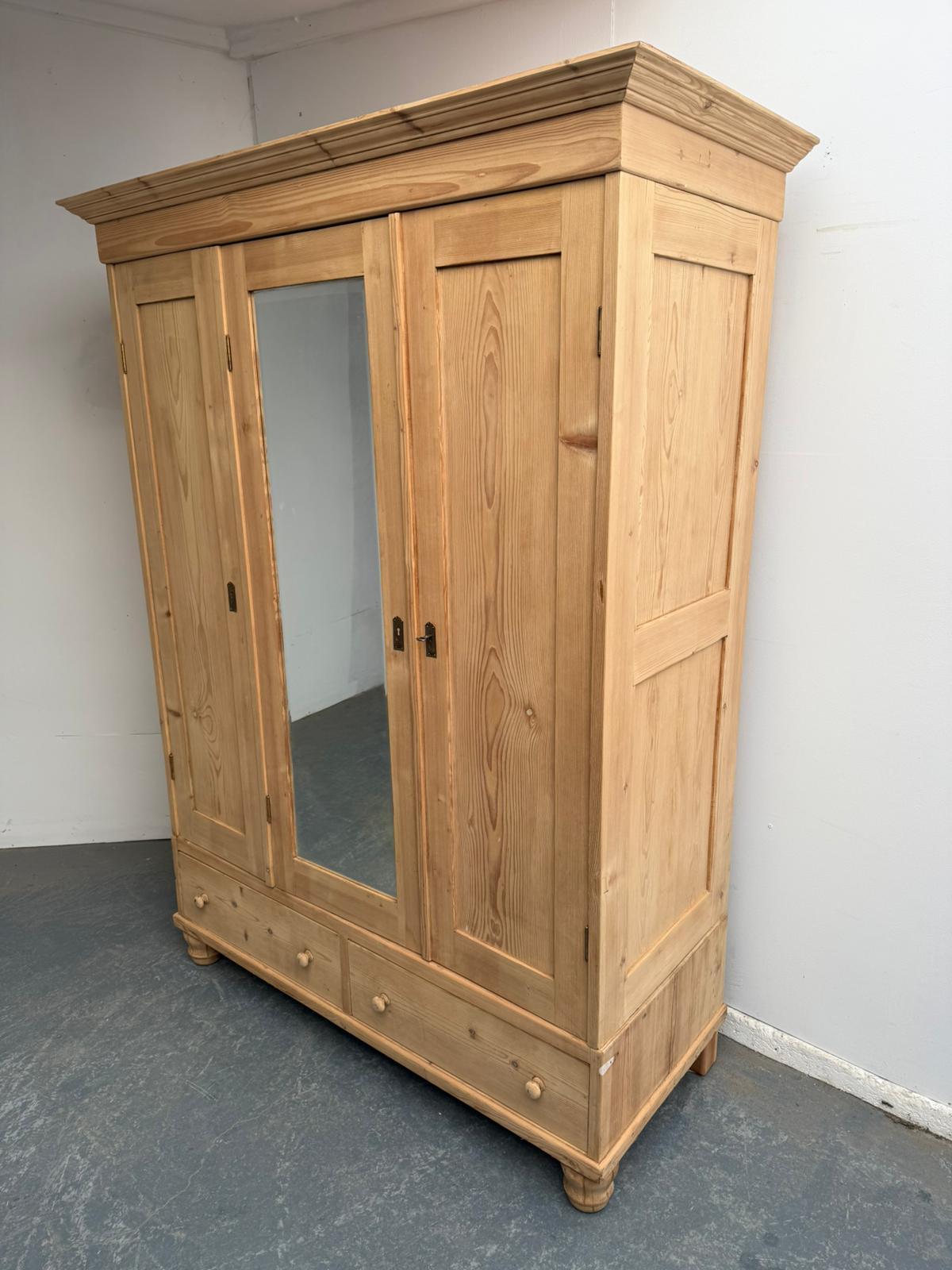 Mirrored Victorian Antique Pine Triple Knockdown Wardrobe to wax / paint (1 of 12)