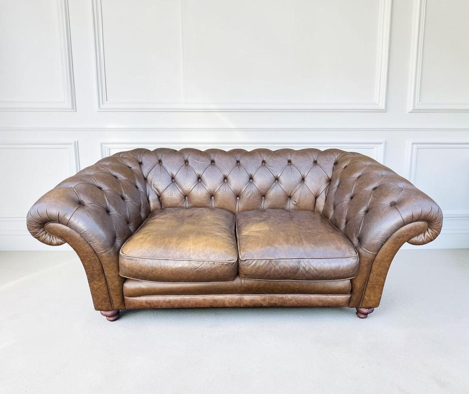 Brown Leather Chesterfield Two Seater Sofa - Authentic Furniture (1 of 11) Brown Leather Chesterfield Two Seater Sofa - Authentic Furniture (1 of 11)