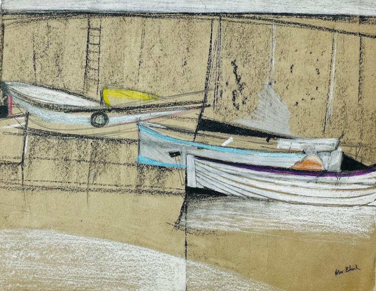 Original Chalks Drawing 'Moored Rowing Boats by a Harbour Wall' Ian Black RWA. 1929-1917. Signed (1 of 1)