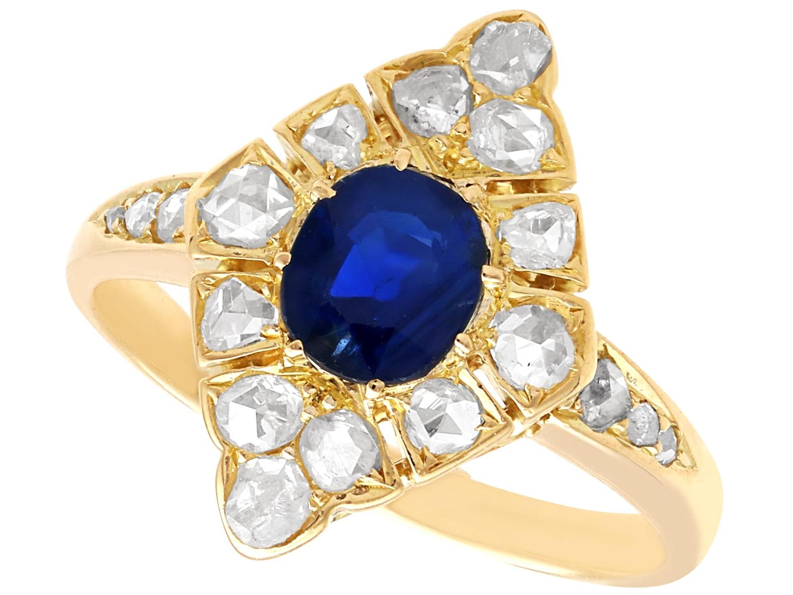 Antique Austro-Hungarian 0.85ct Sapphire & 0.62ct Diamond 14ct Yellow Gold Marquise Ring c.1900 (1 of 10)