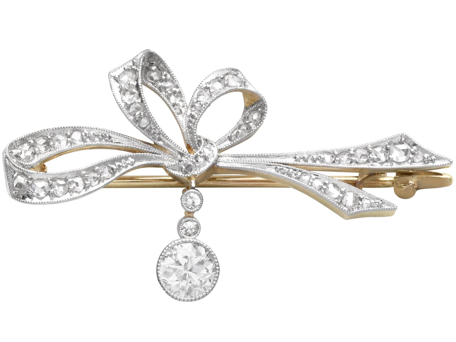 Antique 0.81ct Diamond, 15ct Yellow Gold Bow Brooch c.1900 (1 of 13)