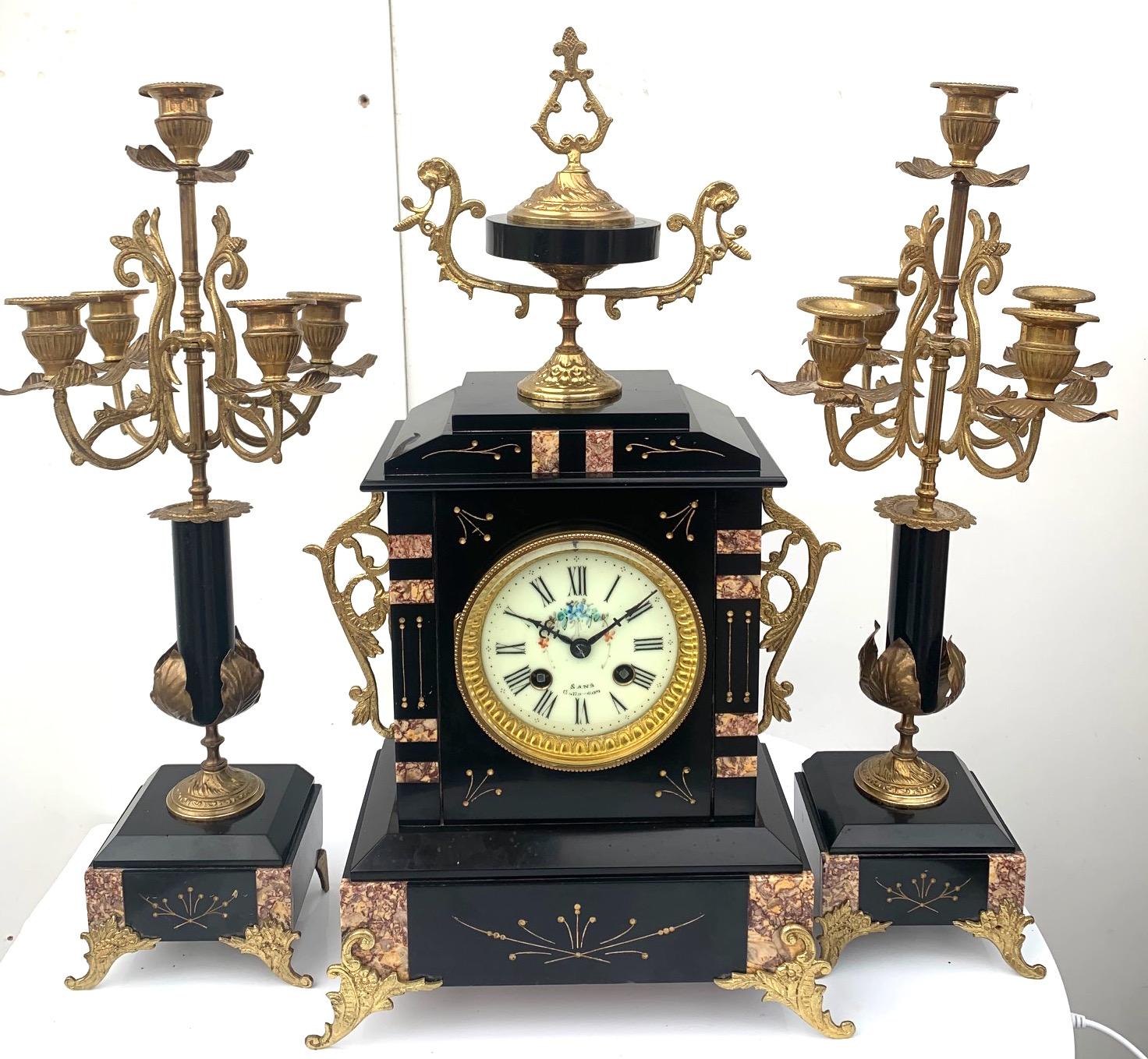 Antique French Slate Mantle Clock 8 Day Candelabra Clock Set C1880 (1 of 12)
