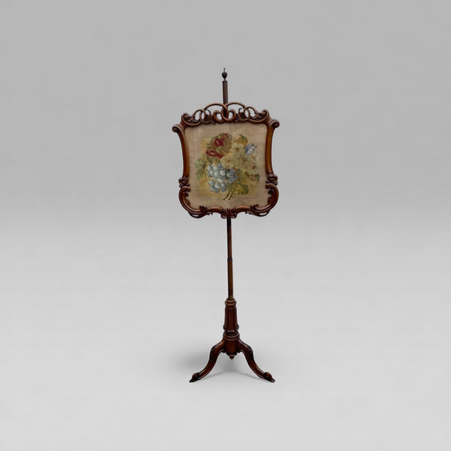 Antique English Victorian Rosewood Floral Tapestry Pole Fire Screen Tripod Base (1 of 6)