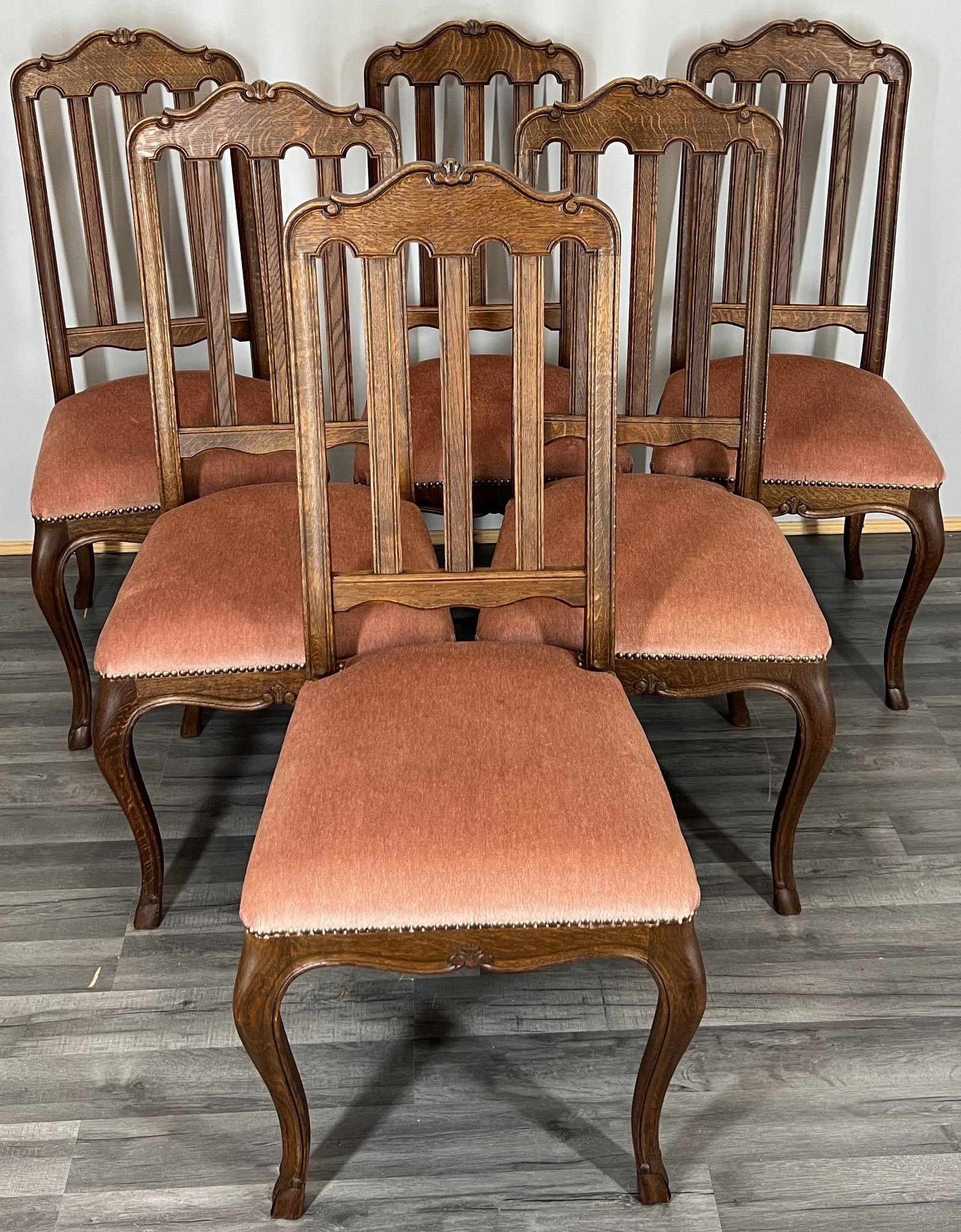 Chairs Vintage French Style Oak Upholstered Set of 6 Carved (LOT 4005) (1 of 16)