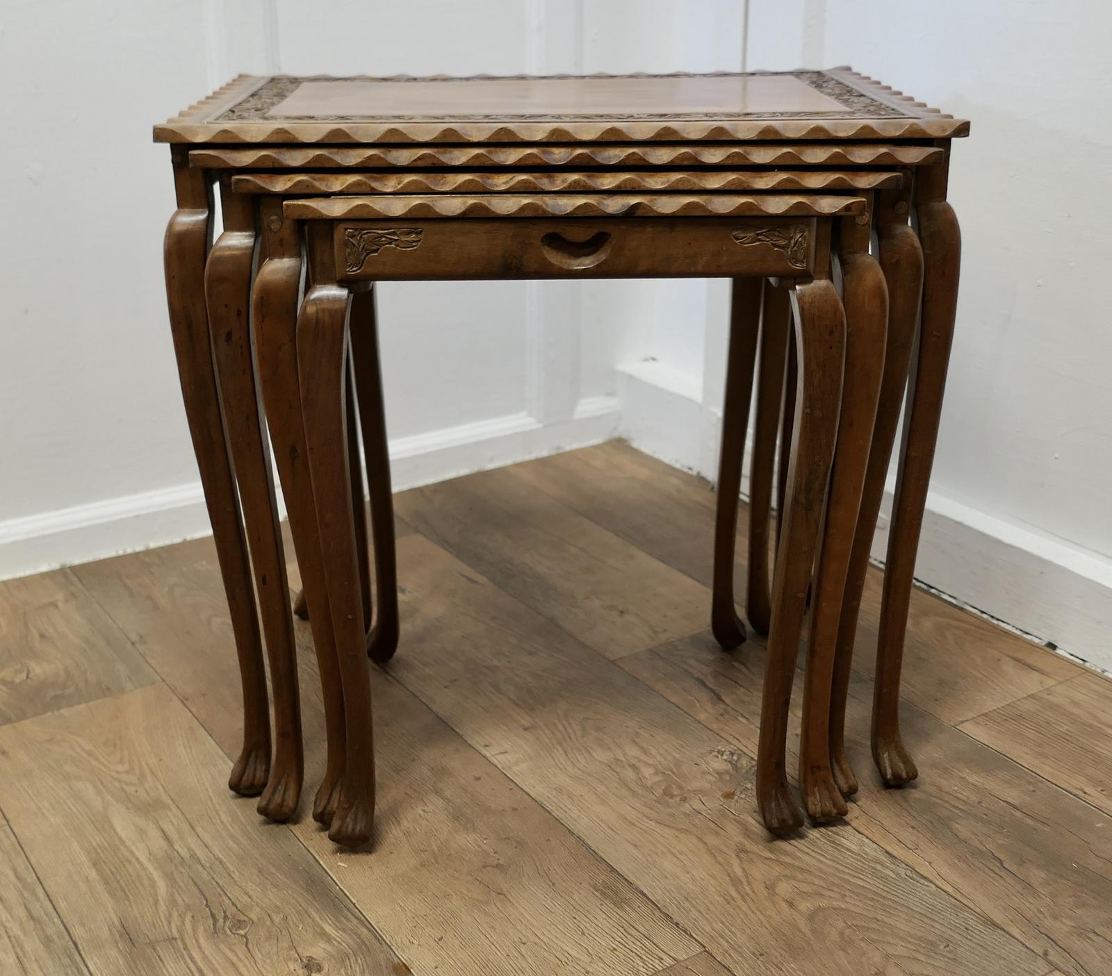 Nest of 4 Tables in Carved Teak (1 of 6)