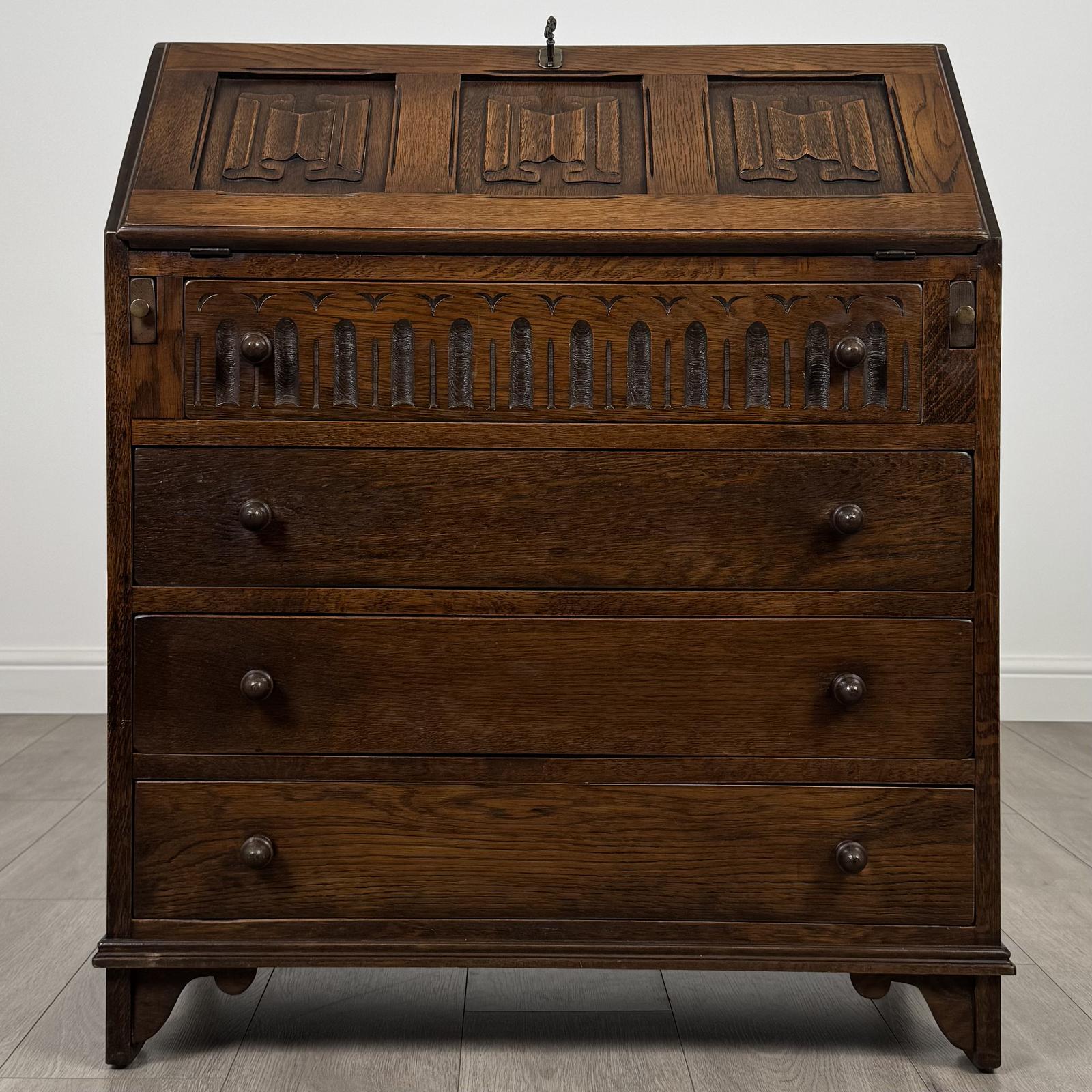 Antique 20th Century Linenfold Bureau in Oak (1 of 13)