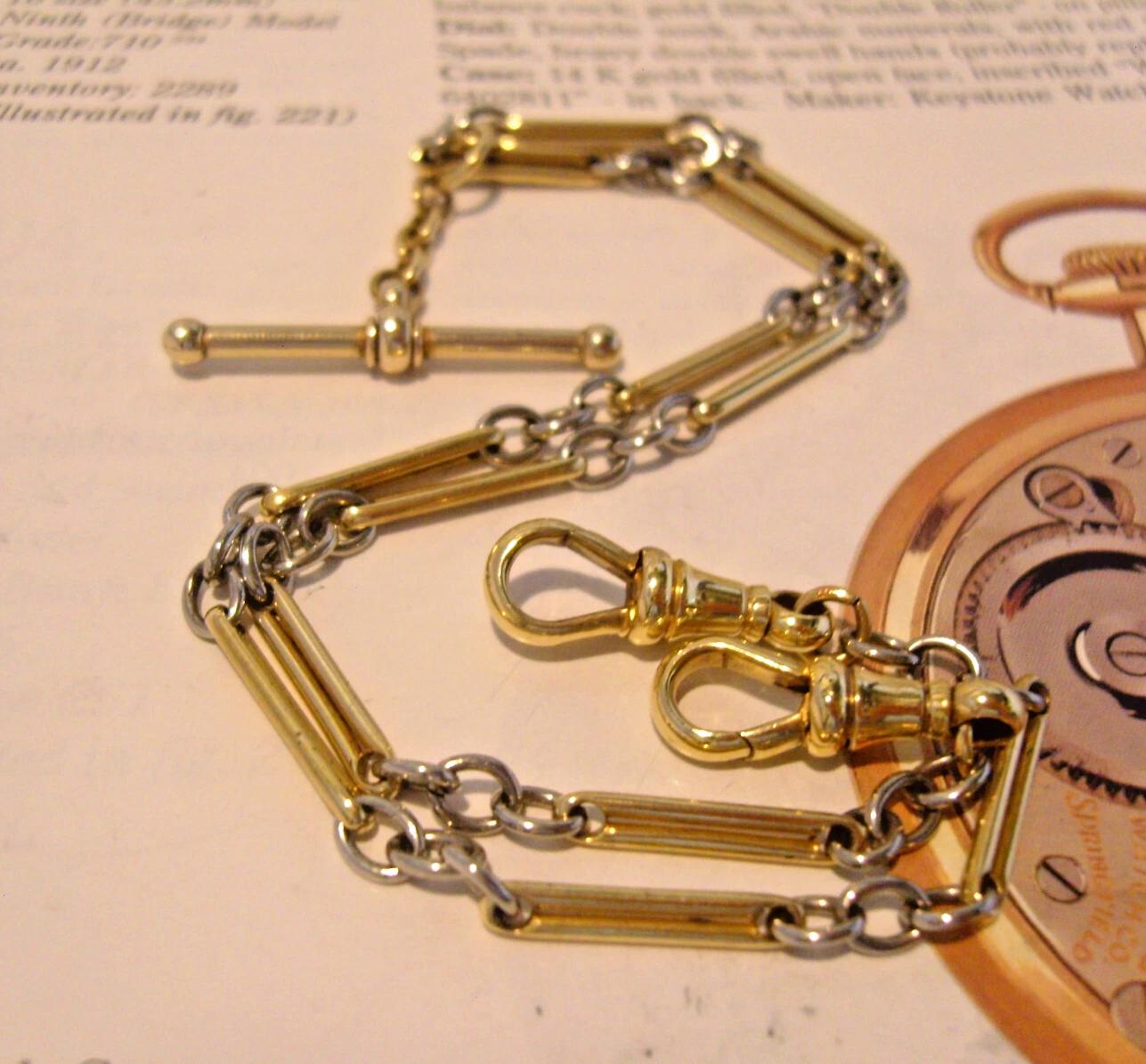 Pocket Watch Chain 1890s Long Brass & Steel Antique Fancy Albert With Sliding T Bar (1 of 14)