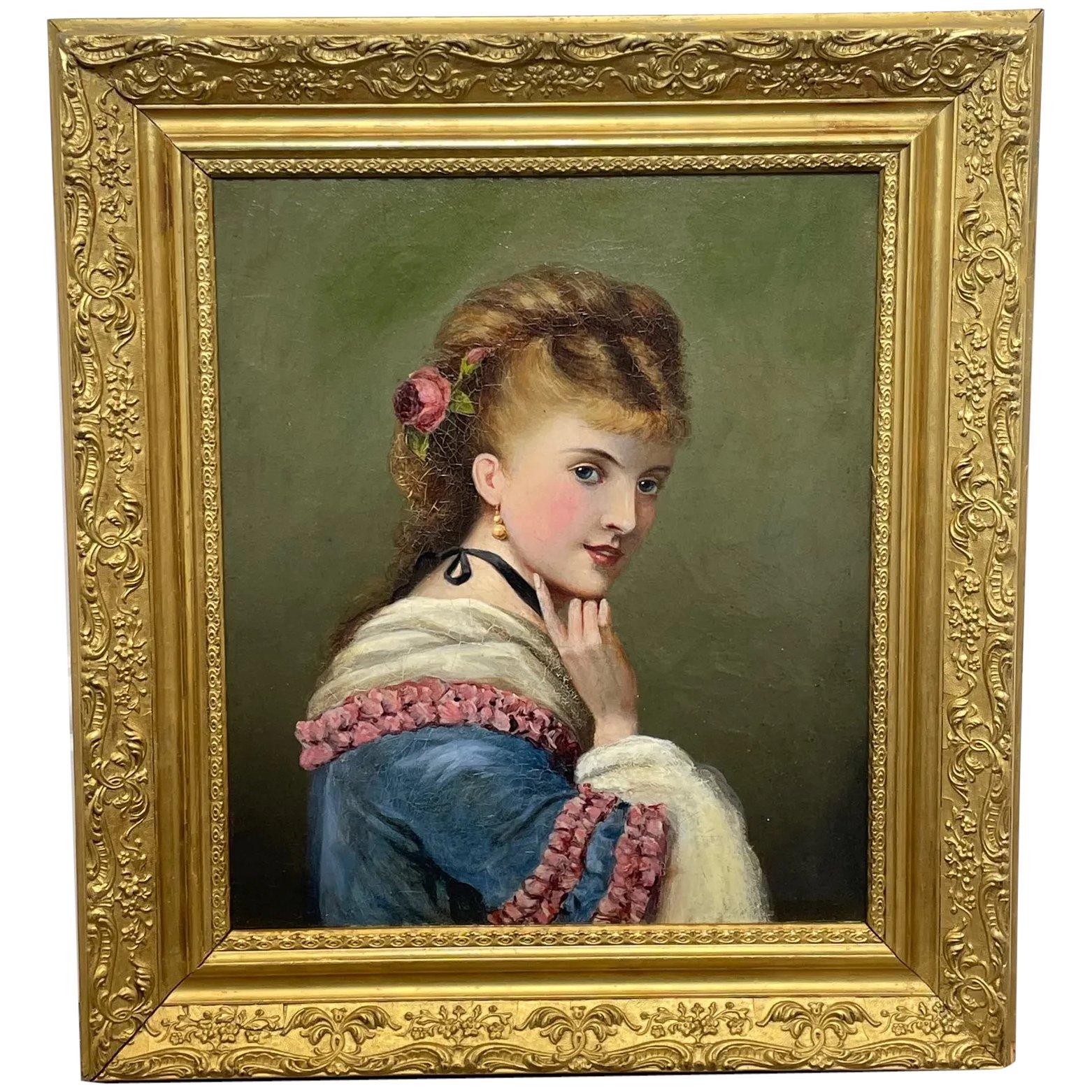 19th Century Oil Painting Portrait Ginger Hair Rose Young Lady with Blue Eyes (1 of 45)