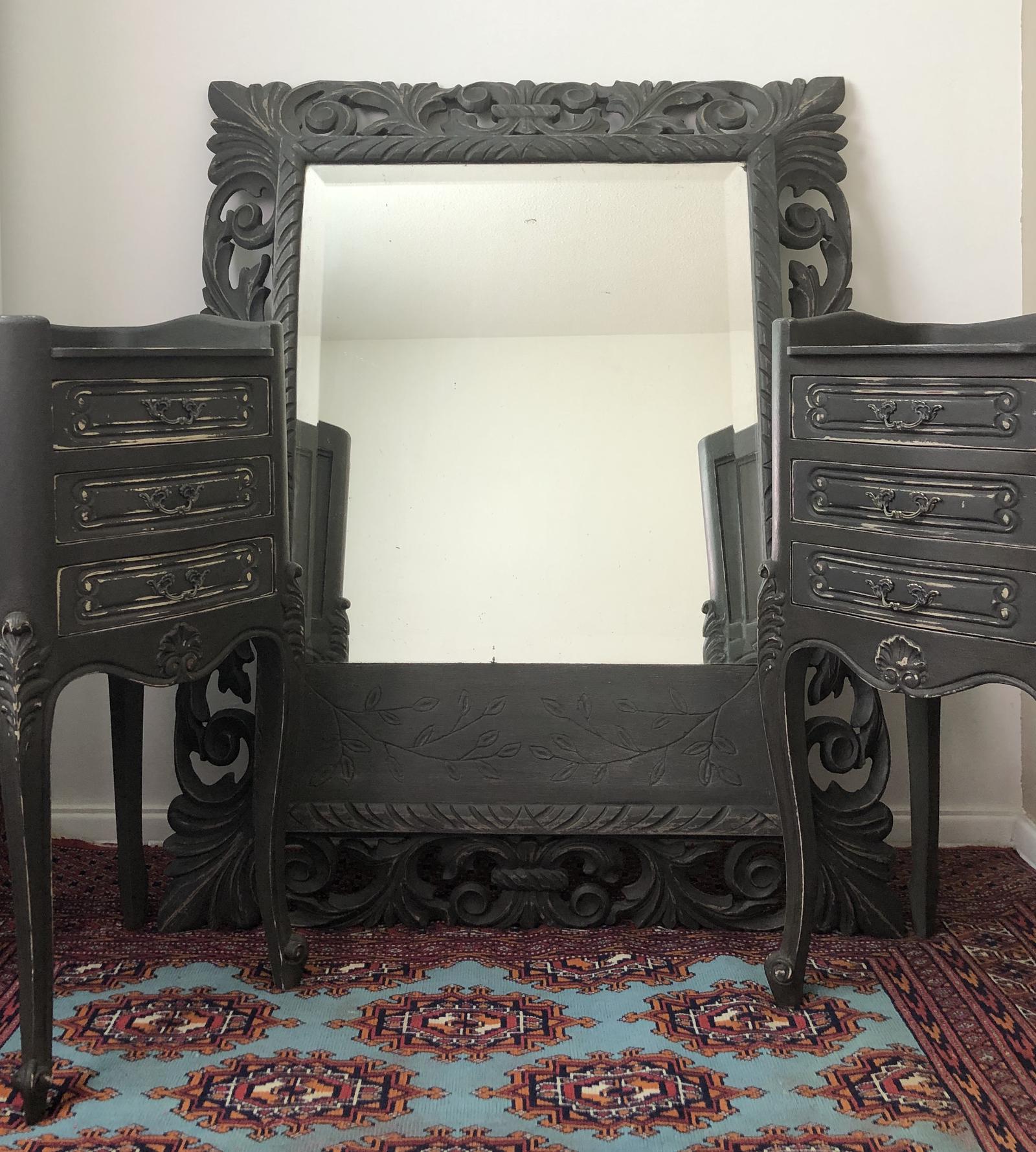 Antique French Carved Mirror Painted in Rustic Charcoal Grey (1 of 7)