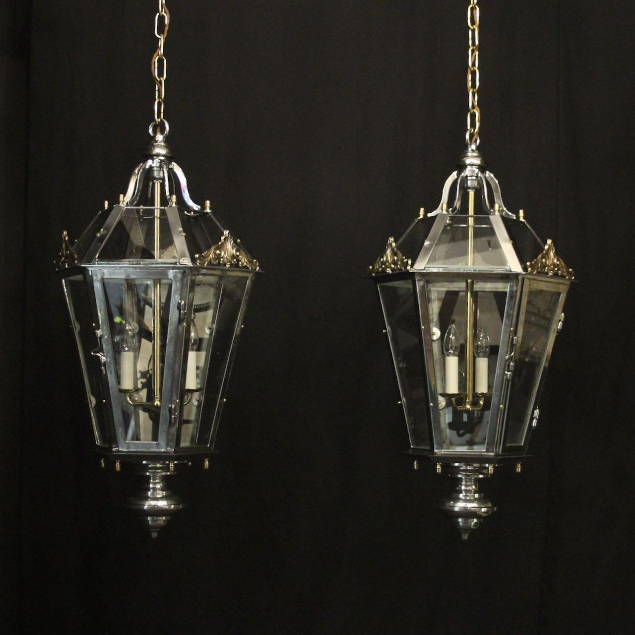 French Pair Steel & Brass Hexagonal Lanterns (1 of 10)