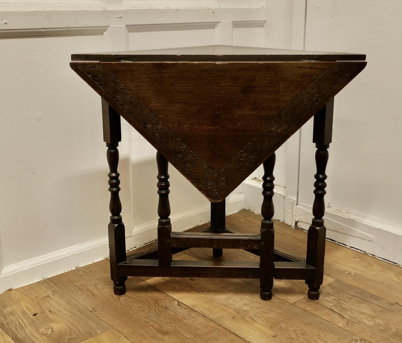 Carved Oak Triangular Gateleg Side Table (1 of 7)
