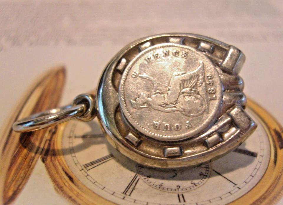 Victorian Pocket Watch Chain Horseshoe Fob 1849 Silver Four Pence Coin Large Fob (1 of 10)