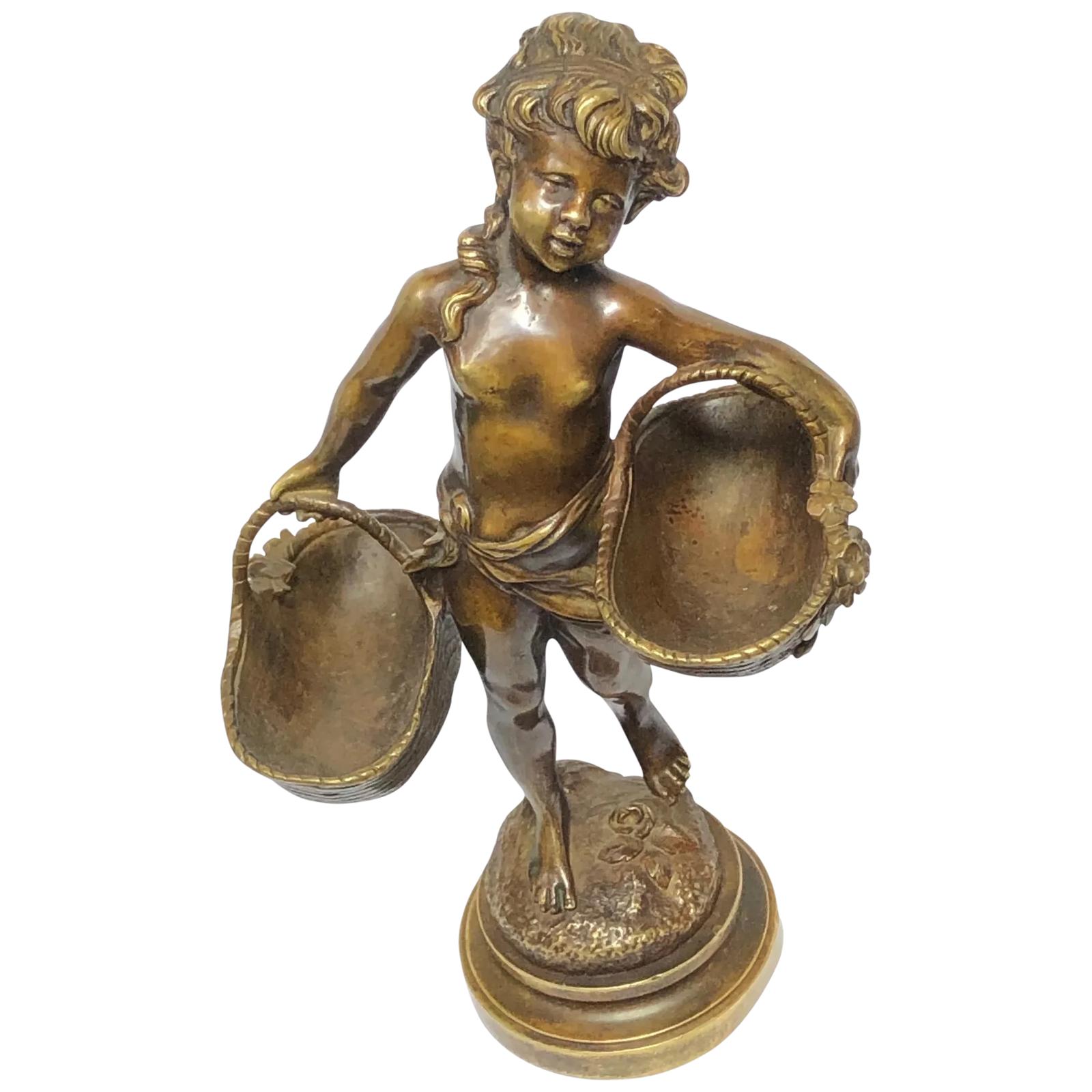 Fine Antique 19th Century Girl Carrying Flower Baskets Sculpture Signed Auguste Moreau (1 of 45)