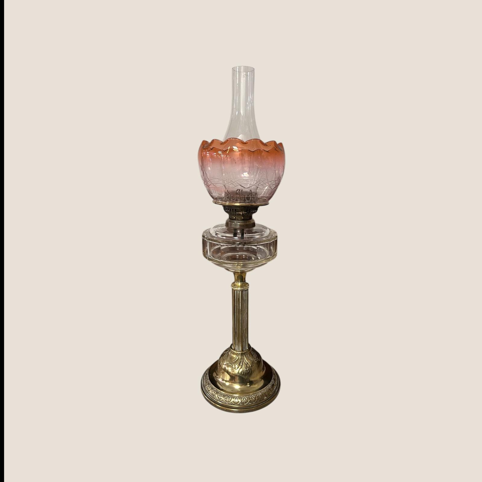 Antique Brass and Pink Glass Shade Oil Lamp (1 of 9) Antique Brass and Pink Glass Shade Oil Lamp (1 of 9)