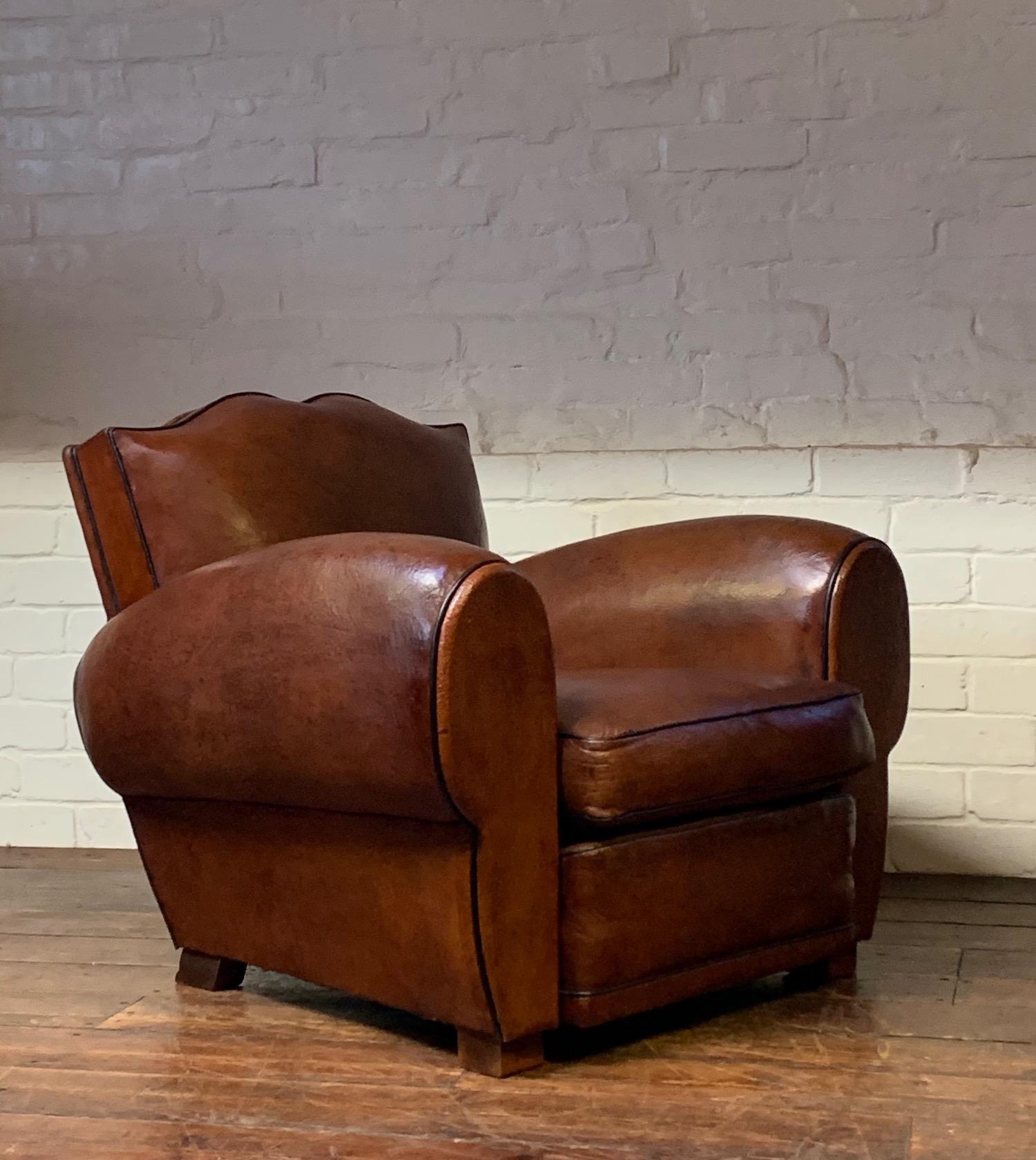 A Very Beautiful French Leather Club Chair Havana Moustache Model Circa 1930’s (1 of 12)